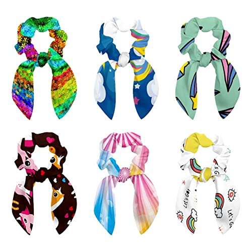 6 Stück elastische lange Haargummis mit Schleife für Kinder Frauen Mädchen Einhorn Regenbogen blauer Hintergrund von HOHODIY