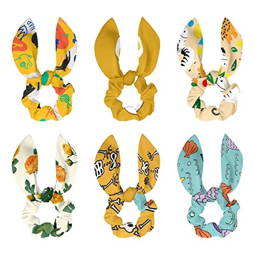 6 Stück elastische lange Haargummis mit Schleife für Kinder Frauen Mädchen Meerjungfrau Muster Grün Lila Gelb Seestern Blau von HOHODIY