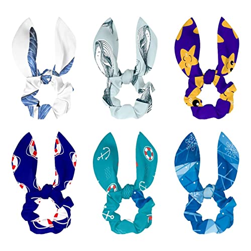 Haargummis mit Schleife, elastisch, Haargummis, Haargummis, Haarschleife, Pferdeschwanz-Halter, Zubehör für Damen, Mädchen, Kinder, Weihnachten, Winter, Wald, blauer Hintergrund mit Rentier, 6 Stück von HOHODIY