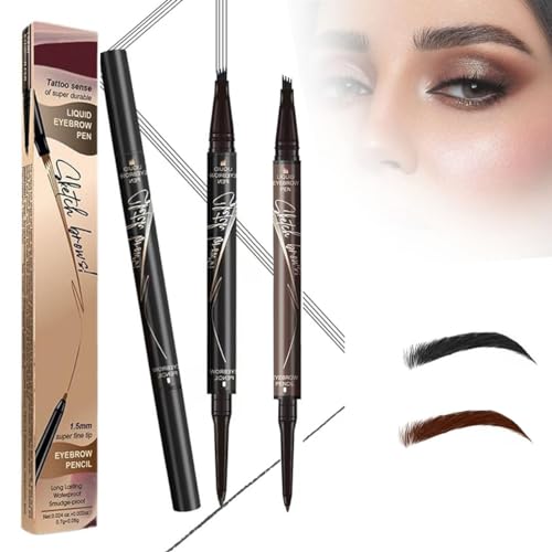 2 in 1 Magic 4 Spitzen Augenbrauenstift, 2024 Neuer wasserdichter 3D Microblading Augenbrauenstift Konturstift, Natürlicher, Langlebiger Microblading-Augenbrauenstift (Schwarz+Dunkelbraun) von HOIDOKLY