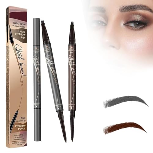 2 in 1 Magic 4 Spitzen Augenbrauenstift, 2024 Neuer wasserdichter 3D Microblading Augenbrauenstift Konturstift, Natürlicher, Langlebiger Microblading-Augenbrauenstift (Grau+Dunkelbraun) von HOIDOKLY