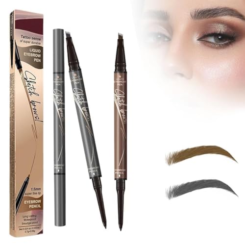 2 in 1 Magic 4 Spitzen Augenbrauenstift, 2024 Neuer wasserdichter 3D Microblading Augenbrauenstift Konturstift, Natürlicher, Langlebiger Microblading-Augenbrauenstift (Hellbraun+Grau) von HOIDOKLY