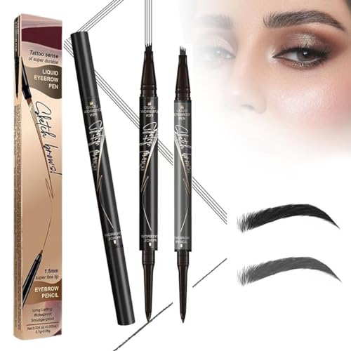 2 in 1 Magic 4 Spitzen Augenbrauenstift, 2024 Neuer wasserdichter 3D Microblading Augenbrauenstift Konturstift, Natürlicher, Langlebiger Microblading-Augenbrauenstift (Schwarz+Grau) von HOIDOKLY
