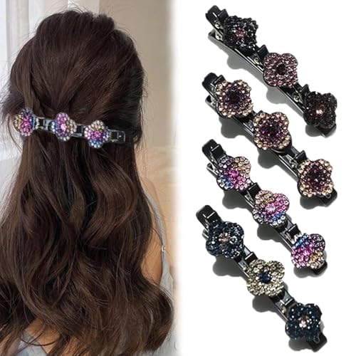 Doppelschicht Haarspangen für Frauen Mädchen, Glitzernde Kristall-Stein Geflochtene Haarspangen, Kolibri Haarspange mit Kristallblume, Geflochtene mit 3 Mini-Haarspangen, Strass-Haarspange (4stück) von HOIDOKLY