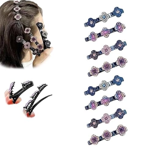 Doppelschicht Haarspangen für Frauen Mädchen, Glitzernde Kristall-Stein Geflochtene Haarspangen, Kolibri Haarspange mit Kristallblume, Geflochtene mit 3 Mini-Haarspangen, Strass-Haarspange (8stück) von HOIDOKLY
