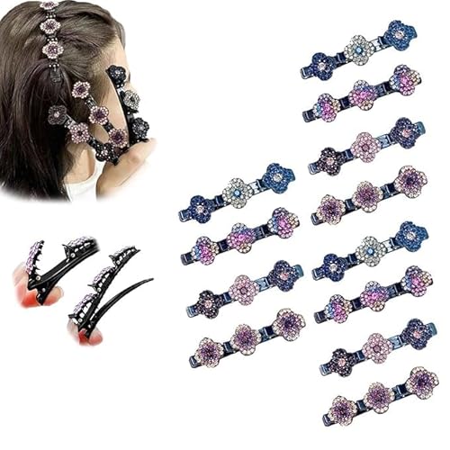 Doppelschicht Haarspangen für Frauen Mädchen, Glitzernde Kristall-Stein Geflochtene Haarspangen, Kolibri Haarspange mit Kristallblume, Geflochtene mit 3 Mini-Haarspangen, Strass-Haarspange (12stück) von HOIDOKLY
