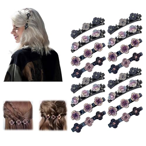 Glitzernde Kristall Stein Geflochtene Haarspangen, Strass Haarspange Kolibri Haarspange mit Kristallblume, Geflochtene mit 3 Mini-Haarspangen, Doppelschicht Mini Haarspangen für Frauen Mädchen (16PCS) von HOIDOKLY