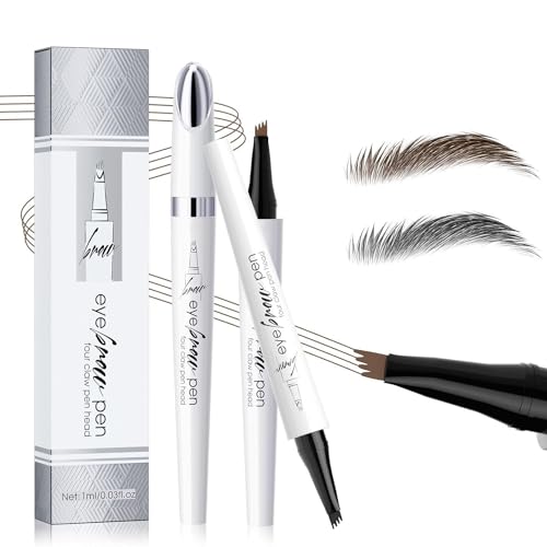 Wasserfester Augenbrauenstift mit 4 Spitzen, 3D Microblading Augenbrauenstift Konturstift, Langlebiger, Natürlicher, Feiner, Magischer Augenbrauenstift für Frauen und Mädchen (Dunkelbraun+Grau) von HOIDOKLY