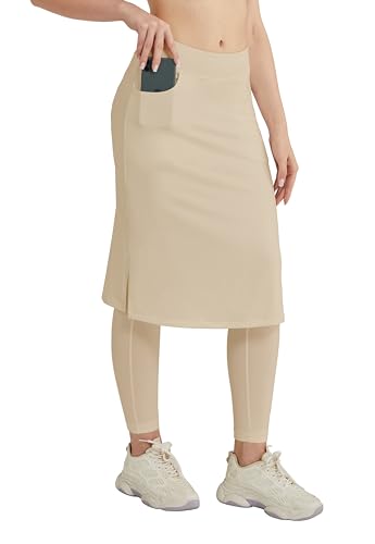HOKOYI Damen Langer Rock mit angenähten Leggings Taschen Midi Cover Up Workout Rock Capris, Khaki, Groß von HOKOYI