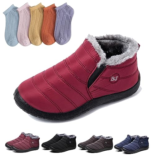 HOKUTO Boojoy Stiefel, Boojoy Winterschuhe, Pelz Futter wasserdichte warme Stiefel mit 5-Paar Socken (Red,38) von HOKUTO