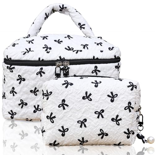 HOKYNATI Gesteppte Make-up-Tasche aus Baumwolle, Kokette-Zubehör, Make-up-Tasche, Organizer, niedliche Schleife, Blumenmuster, Kosmetiktasche, Reise-Make-up-Tasche, Mystery-Schwarz, Reinweiß, Weiße von HOKYNATI
