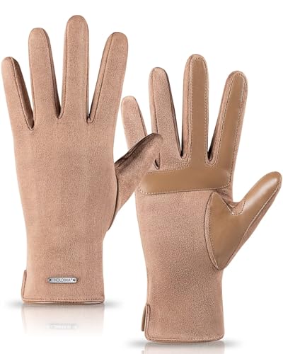 HOLDINA Handschuhe Damen Winter Warm, Handschuhe Damen Touchscreen mit Rutschfestem Leder, Damen Handschuhe mit Fleece Gefüttert (Khaki-M) von HOLDINA