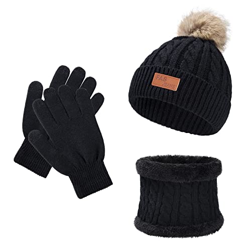 Kinder Wintermütze Schal Handschuhe Set Kunstpelz Warme Winter Beanie Hut Loop Deckel mit Pom Pom Bommel Abnehmbar für Kleinkind Mädchen Jungen Baby von HOLEMZ