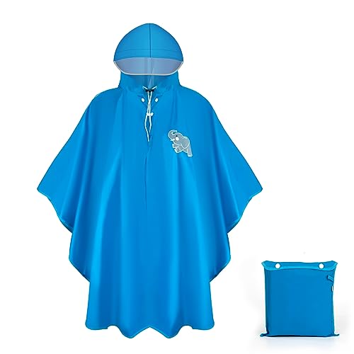 Regenmantel Jungen Mädchen Wasserdichter Regencape Kinder Regenjacke Leichter Tragbare mit Kapuze Atmungsaktiver Blau für Unisex Jugendliche 120-140cm Aufbewahrungstasche von HOLEMZ