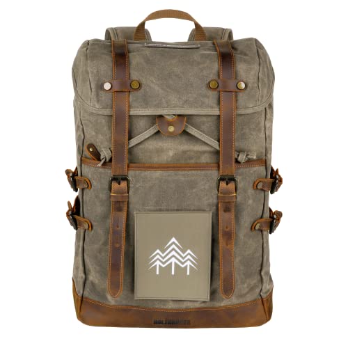 HOLZBRÜDER® Rucksack mit wechselbarem Patch, Canvas Lederrucksack mit Laptopfach, Reise Handgepäck für Flugzeug geeignet (Olivgrau) von HOLZBRÜDER