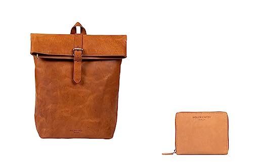 HOLZRICHTER Berlin Bundle No 1-6 Camel – Bestehend aus einem hochwertigen Rucksack und Einer kompakten Geldbörse mit Reißverschluss handgefertigt aus Premium-Leder von HOLZRICHTER Berlin