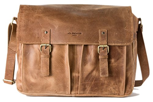 HOLZRICHTER Berlin - Lehrertasche aus Leder (No 4-1), 31x38,5x11cm Laptoptasche für Herren, Hochwertige 15" Umhängetasche für die Arbeit & Uni, Schultertasche in Camel-Braun von HOLZRICHTER Berlin