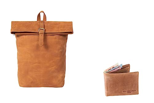 HOLZRICHTER Berlin Bundle No 1-5 camel – Bestehend aus einem hochwertigen Rucksack und einer kompakten Geldbörse handgefertigt aus Premium-Leder von HOLZRICHTER Berlin