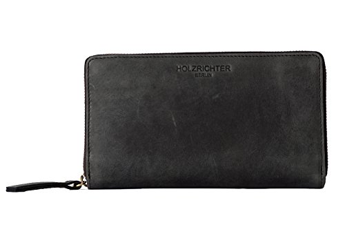 HOLZRICHTER Berlin – Große Damen Geldbörse aus Leder (No 4-2), Vintage, 11x19x3 cm, Edles Portemonnaie mit 12 Kartenfächern, 2 Banknotenfächern und mittigem Münzfach, Geldbeutel in Schwarz von HOLZRICHTER Berlin