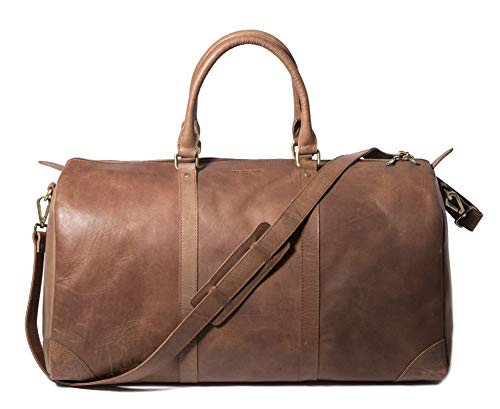 HOLZRICHTER Berlin - Weekender aus Leder für Herren (No 8-2), Reisetasche 30x57x28 cm, Handgefertigte Echtleder Umhängetasche mit Schultergurt, für Handgepäck, in Schwarz und Braun (Camel-Braun) von HOLZRICHTER Berlin