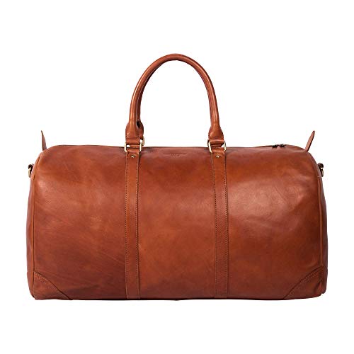 HOLZRICHTER Berlin - Weekender aus Leder für Herren (No 8-2), Reisetasche 30x57x28 cm, Handgefertigte Echtleder Umhängetasche mit Schultergurt, für Handgepäck, in Schwarz und Braun (Cognac) von HOLZRICHTER Berlin