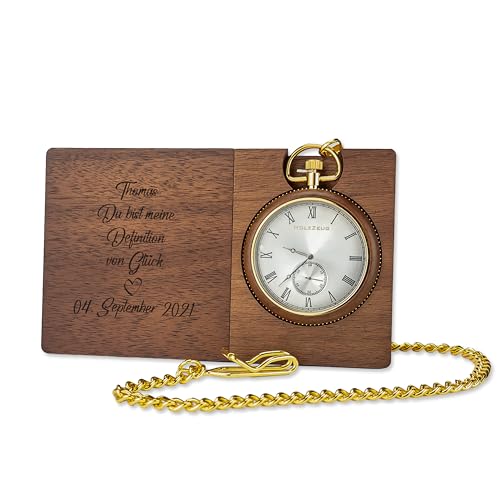 HOLZZEUG Taschenuhr aus Tigerholz auf Wunsch mit Gravur inkl. Echtholz-Geschenketui und Kette mit Sakkoclip von HOLZZEUG