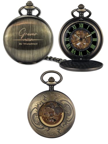 HOLZZEUG Taschenuhr mit Gravur in Bronze mit sichtbarem Uhrwerk personalisiert inkl. Kette und Sakkoclip von HOLZZEUG