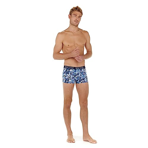 HOM Herren Boxers Rocky #2 Retroshorts, Lot de 3: imprimé Fleurs stylisées tons de Bleus + Marine Uni + bleu Uni, XL von HOM