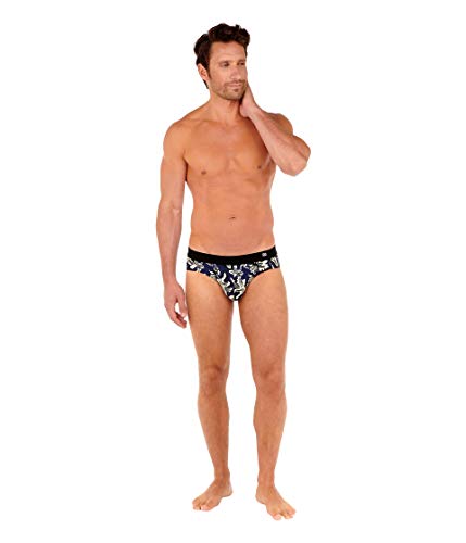 HOM Herren Catalan Comfort Mini Briefs Unterwäsche, Blumendruck, Schwarz/Weiß, Hintergrund Marineblau, L von HOM