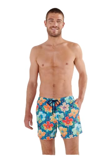 Hom Herren Dino Badeshorts Board Shorts, Blumendruck auf türkisfarbenem Hintergrund, XL von HOM