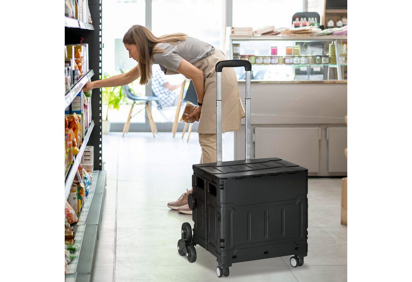 HOMCOM Einkaufstrolley Einkaufswagen mit Verstellbarem Teleskop-Griff, mit Deckel, 51 l, für Büro, Speicher, Schule, Schwarz von HOMCOM