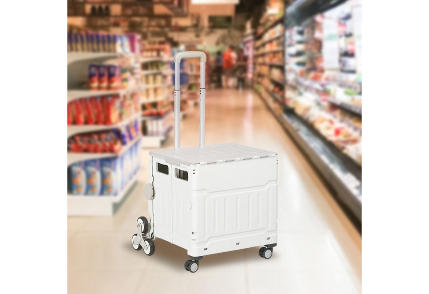 HOMCOM Einkaufstrolley Klappbar Einkaufswagen mit Verstellbarem Teleskop-Griff, 51 l, für Büro, Speicher, Schule, Weiß von HOMCOM