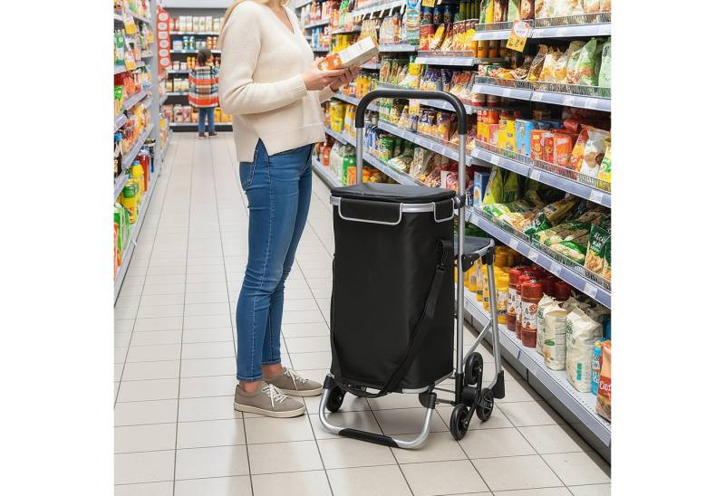 HOMCOM Einkaufstrolley mit 40L Kapazität, klappbar Sitz, Kühlfach, verstellbarem Griff, 40 l, Sackkarre Umhängetasche Treppensteiger Schwarz HOMCOM Einkaufstrolley mit 40L Kapazität, klappbar Sitz, Kühlfach, verstellbarem Griff, 40 l, Sackkarre Umhängetasche Treppensteiger Schwarz von HOMCOM