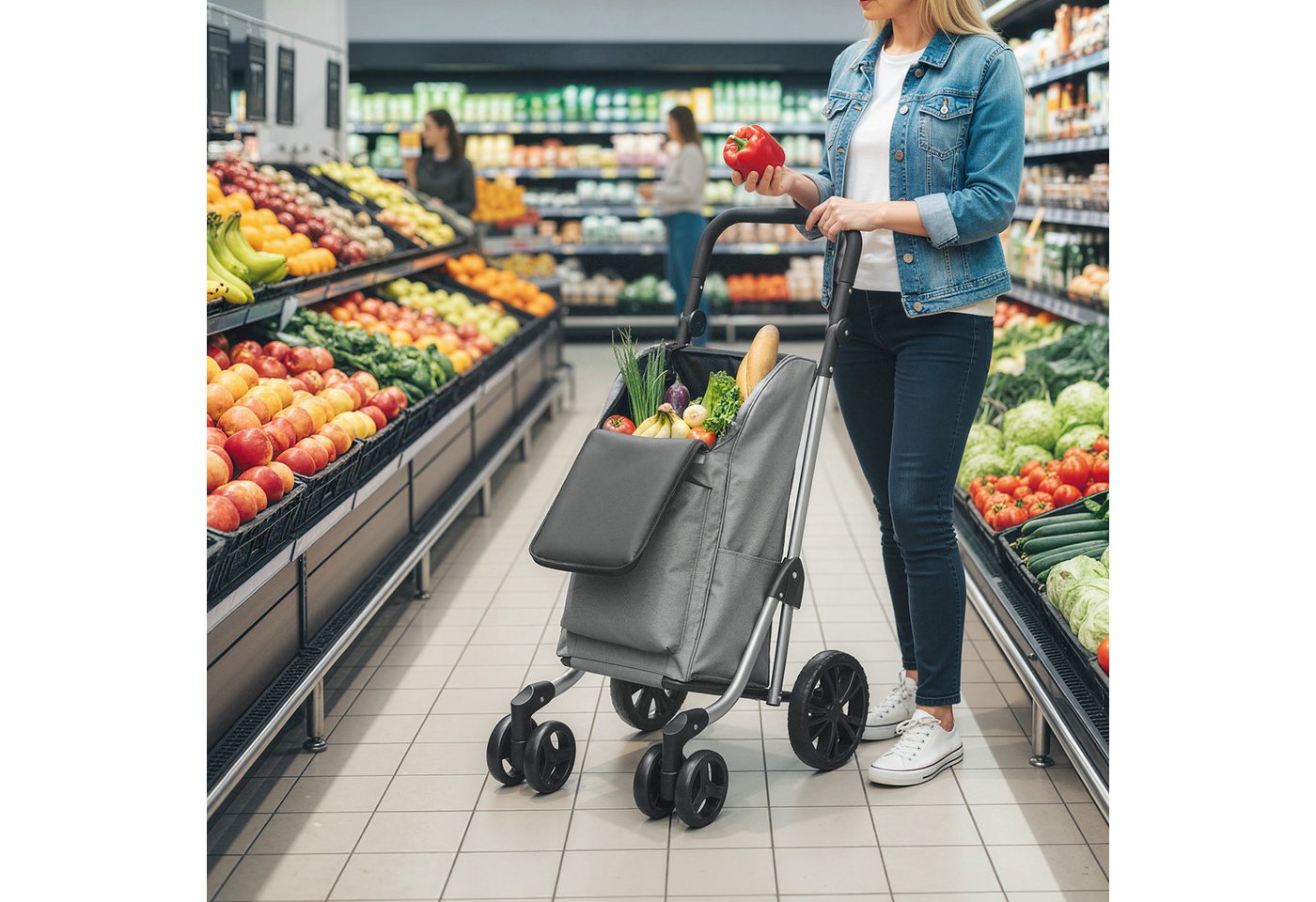 HOMCOM Einkaufstrolley trägt 25 kg, verstellbarer Griff, 46 l, Aluminiumrahmen, Grau von HOMCOM