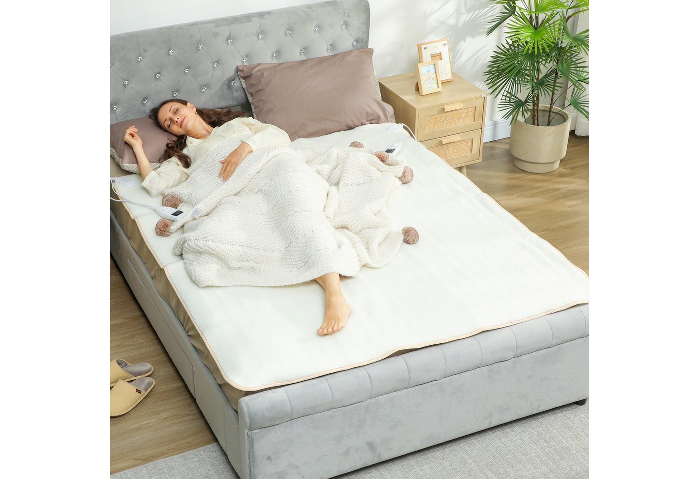HOMCOM Heizdecke Kunst-Fleece, Polyesterfüllung, Wärmegeräte, 1-tlg., Kuscheldecken, 5 Heizstufen, Cremeweiß von HOMCOM