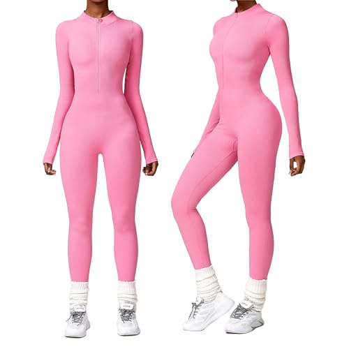 HOMDECR Damen Sport Jumpsuit Lang Eng Yoga Overall Langarm V-Ausschnitt Playsuits Mit Reißverschluss Jogging Strampler Hosenanzug Trainingsanzug (Rosa,M) von HOMDECR