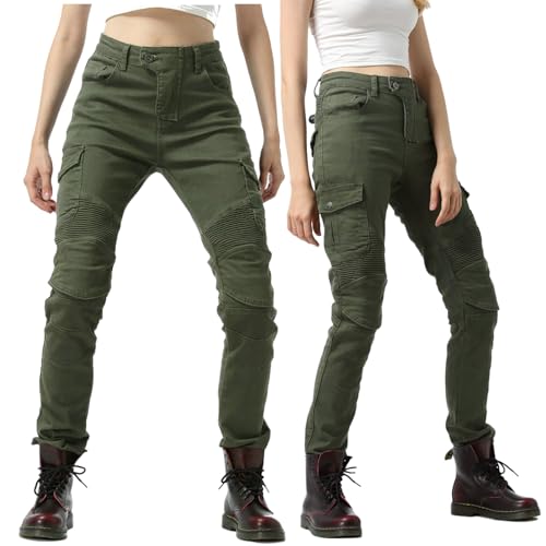 HOMDECR Herren/Damen Slim Fit Motorrad Jeans Mit Protektoren Knie Und Hüftprotektoren Stretch Slim Fit Denim Motorradhose Cargo Motorradjeans Schutzhose Biker Pants (Grün,L) von HOMDECR