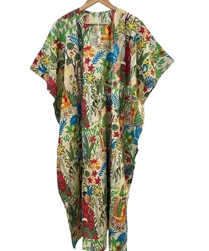 HOMEDECORSHOPIE Indische Baumwolle Kaftan Kleid Baumwolle Bedruckt Kaftan Maxi Kleid Free Size Kleid Beach Kleid Umstandskleid Einzigartiges Design Bedrucktes Kleid Multi von HOMEDECORSHOPIE