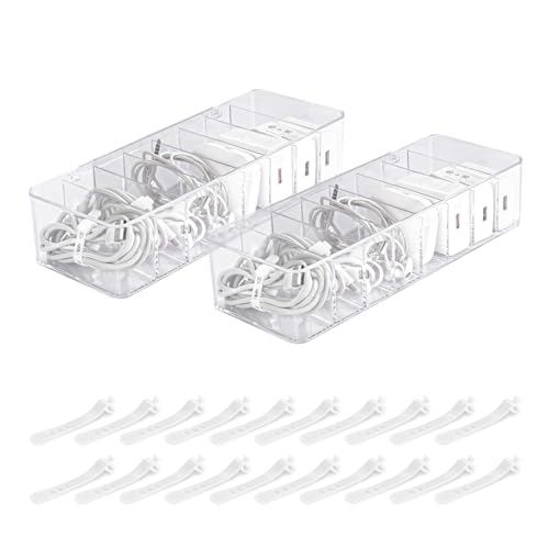 HOMEE Kabel-Organizer-Box mit Deckel, Kunststoff-Ladekabel-Aufbewahrungs-Organizer, Kabelbox mit 8 Fächern, transparente Ladegerät-Organizer-Box für Zuhause, Schublade, Büro von HOMEE