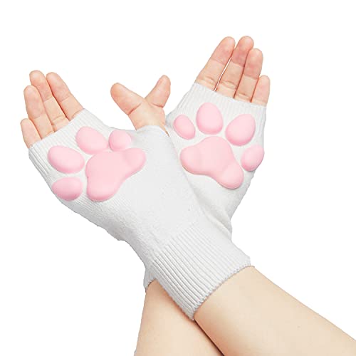 HOMEGYMFREE Niedliche Katzenpfoten-Fäustlinge, Kawaii-Katzen-Cosplay, Kawaii, weiche 3D-Zehen, Bohnen, fingerlose Katzenkrallen, Pfotenpolster, weiß-kurz, Einheitsgröße von HOMEGYMFREE