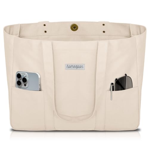 HOMESPON Canvas Tote Bag Damen Handtasche Groß Shopper Taschen Umhängetasche mit Laptop Fach (Beige) von HOMESPON