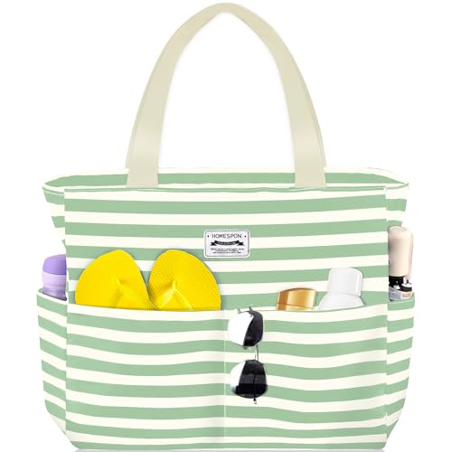 HOMESPON Große Strandtasche Damen mit Reißverschluss Wasserdicht Badetasche XXL Familie Beach Tote Bag, Grün/Weiß Gestreift von HOMESPON
