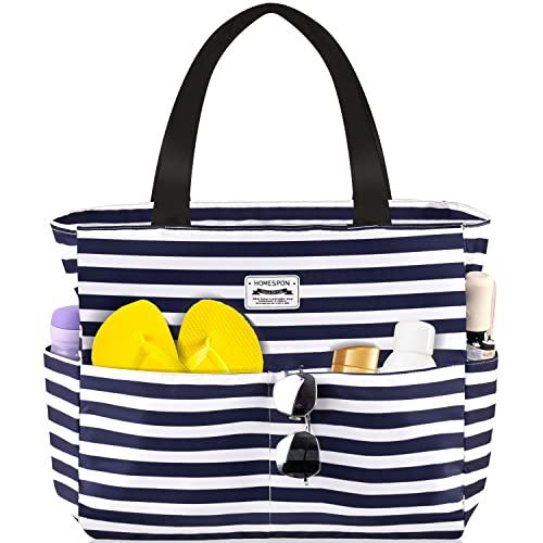 HOMESPON Große Strandtasche Damen mit Reißverschluss Wasserdicht Badetasche XXL Familie Beach Tote Bag, Blau/Weiß gestreift von HOMESPON