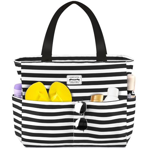 HOMESPON Große Strandtasche Damen mit Reißverschluss Wasserdicht Badetasche XXL Familie Beach Tote Bag, Schwarze/Weiß Gestreift von HOMESPON