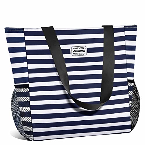 HOMESPON Große Wasserdichte Strandtasche mit Reißverschluss und Taschen für Damen (Blau-weiß gestreift) von HOMESPON