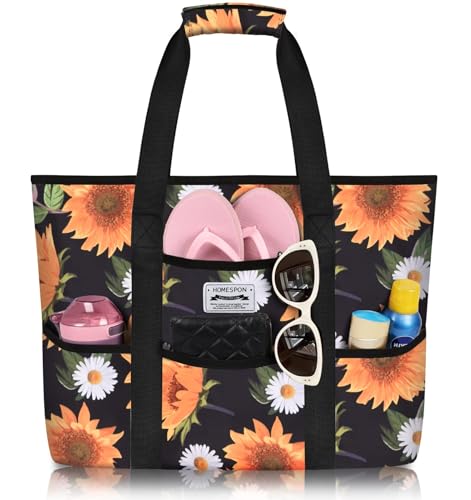 HOMESPON Große Wasserdichte Strandtasche mit Reißverschluss und Taschen für Damen (Groß-Sonnenblume) von HOMESPON