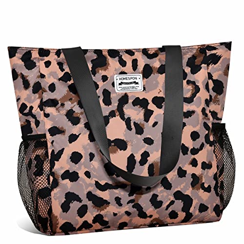 HOMESPON Große Wasserdichte Strandtasche mit Reißverschluss und Taschen für Damen (Leopardenmuster) von HOMESPON