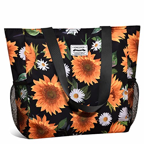 HOMESPON Große Wasserdichte Strandtasche mit Reißverschluss und Taschen für Damen (Sonnenblume) von HOMESPON