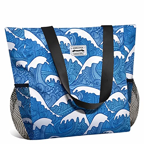 HOMESPON Große Wasserdichte Strandtasche mit Reißverschluss und Taschen für Damen (Wellen) von HOMESPON