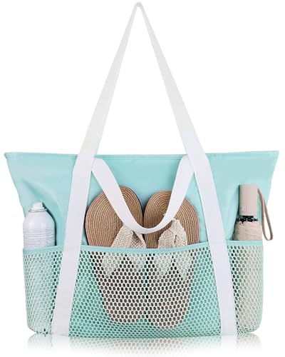 HOMESPON Strandtasche Damen mit Reißverschluss Große Wasserdicht Mesh Badetasche Familie Faltbar Beach Tote Bag Shopper,Grün von HOMESPON